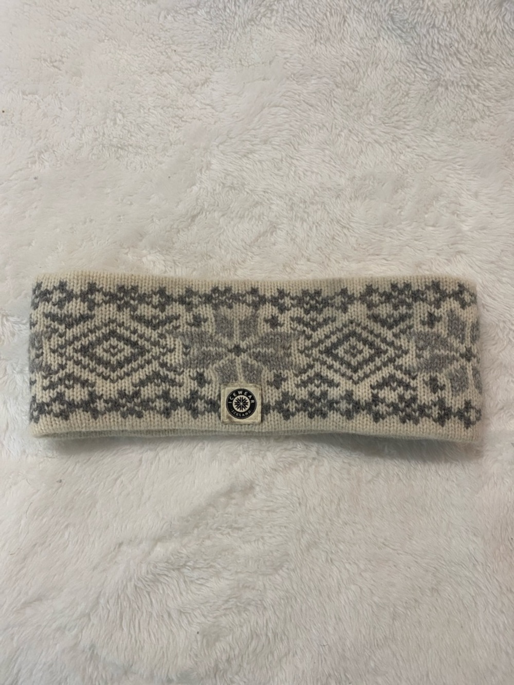 Icewear Iceland Headband Ear Warmer Wool Angora Nordic Fair Isle Gray Cream L/XL